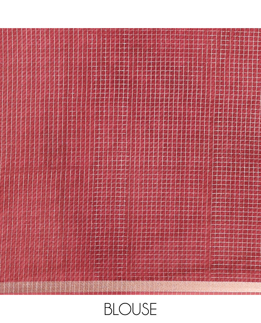 Light Maroon Assam Silk Saree Graced with Micro-Checks and Floral Prints, Featuring a Simple Piping Border, Subtly Woven Pallu with Zari Stripes, Paired with a Matching Checked Blouse