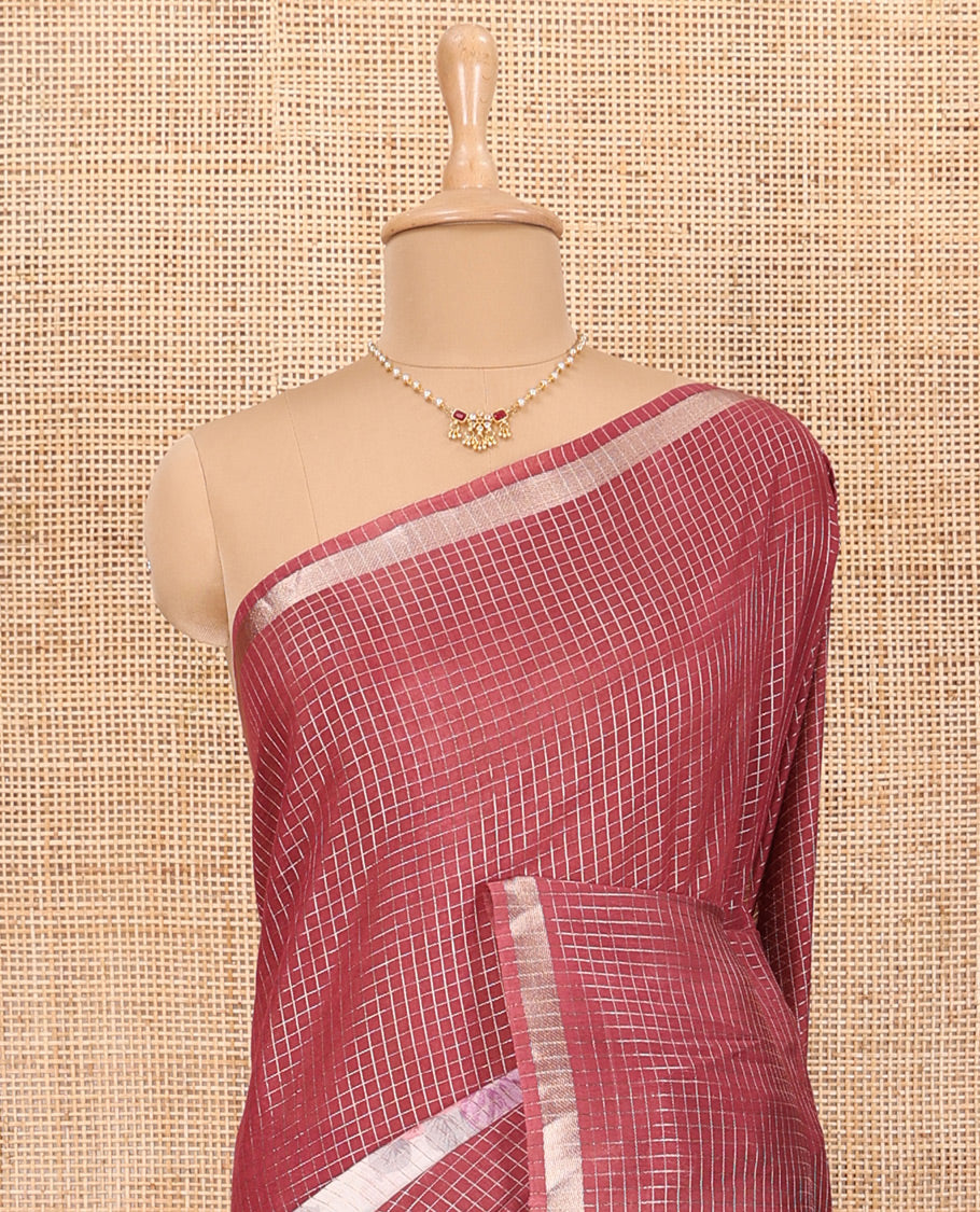 Light Maroon Assam Silk Saree Graced with Micro-Checks and Floral Prints, Featuring a Simple Piping Border, Subtly Woven Pallu with Zari Stripes, Paired with a Matching Checked Blouse