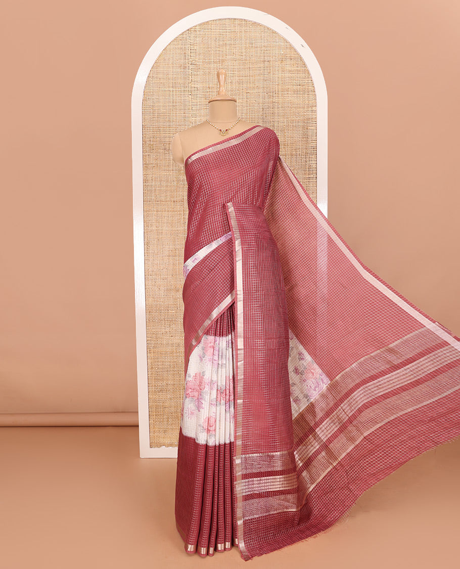 Light Maroon Assam Silk Saree Graced with Micro-Checks and Floral Prints, Featuring a Simple Piping Border, Subtly Woven Pallu with Zari Stripes, Paired with a Matching Checked Blouse