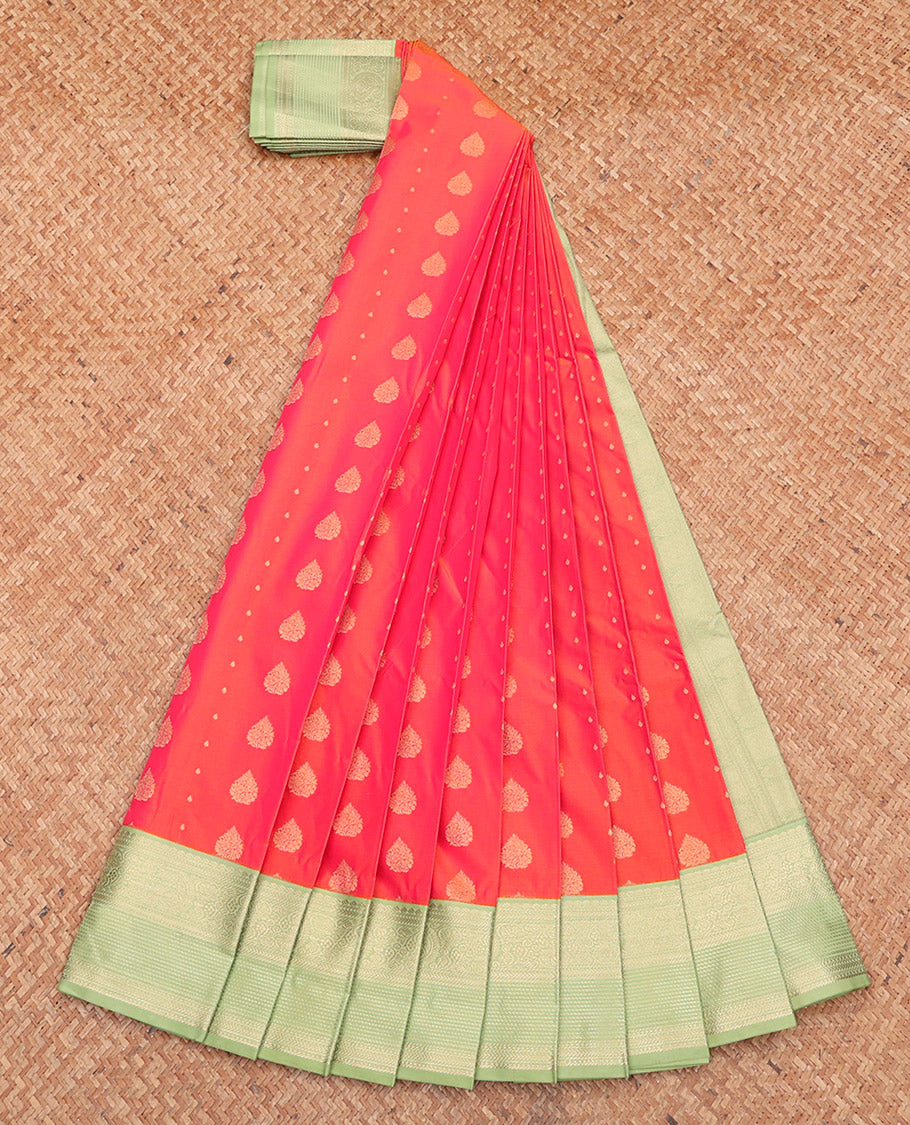 Pink Budget Silk Saree, Bedecked with Zari Buttas, Complemented by a Contrast Traditional Zari Rettai Pettu Border, Grand Pallu, and Contrast Blouse