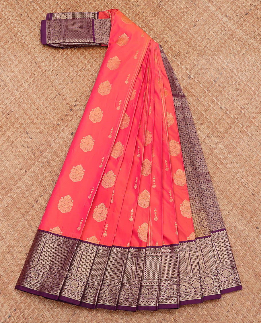 Pink Budget Silk Saree, Detailed with Zari Buttas, Complemented by a Contrast Traditional Zari Design Border, Jaal Pallu, and a Contrast Blouse