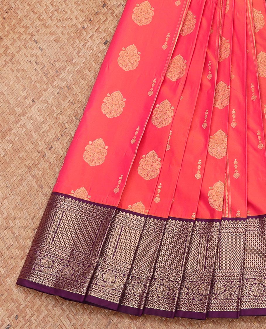 Pink Budget Silk Saree, Detailed with Zari Buttas, Complemented by a Contrast Traditional Zari Design Border, Jaal Pallu, and a Contrast Blouse