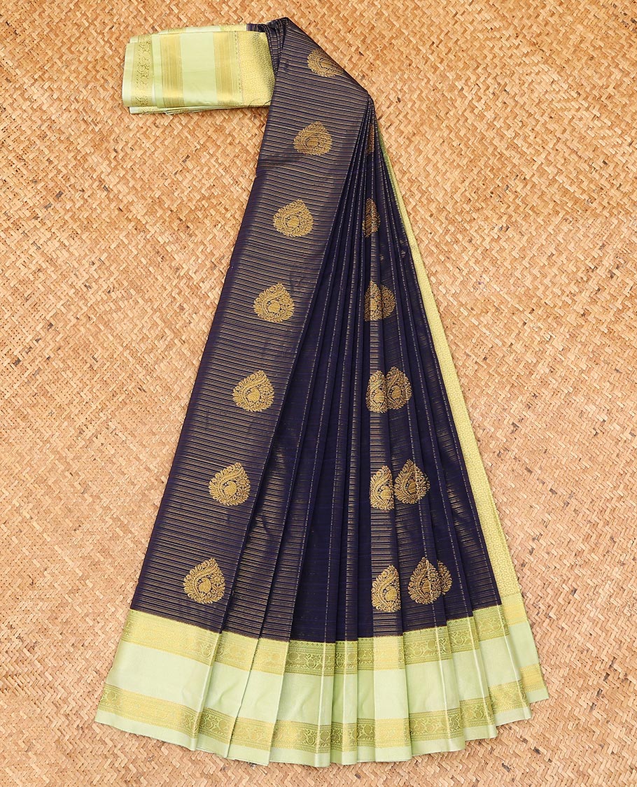 Blue zari buttas, and striped gift saree, contrast traditional zari design rettai pettu border, and intricate pallu