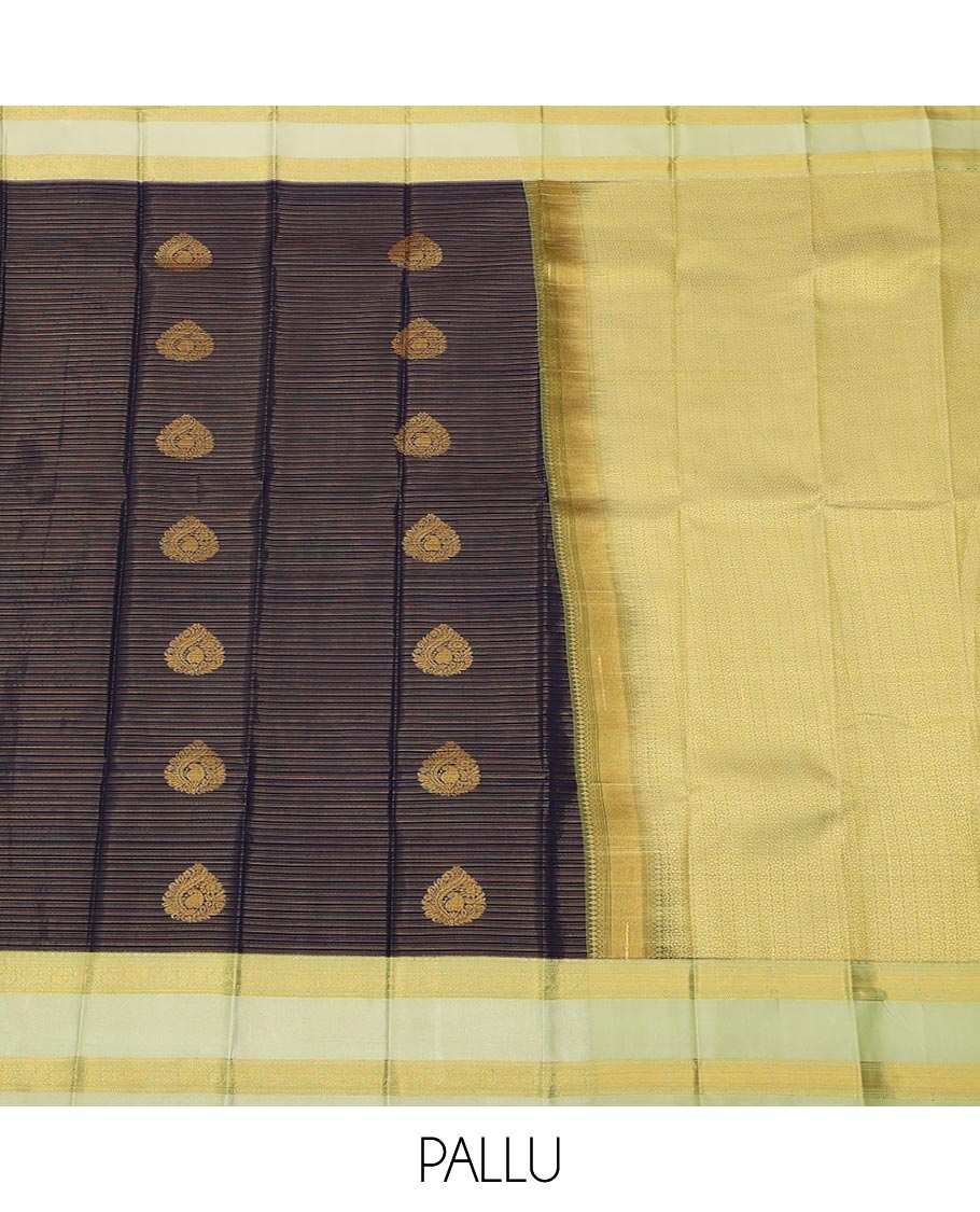 Blue zari buttas, and striped gift saree, contrast traditional zari design rettai pettu border, and intricate pallu