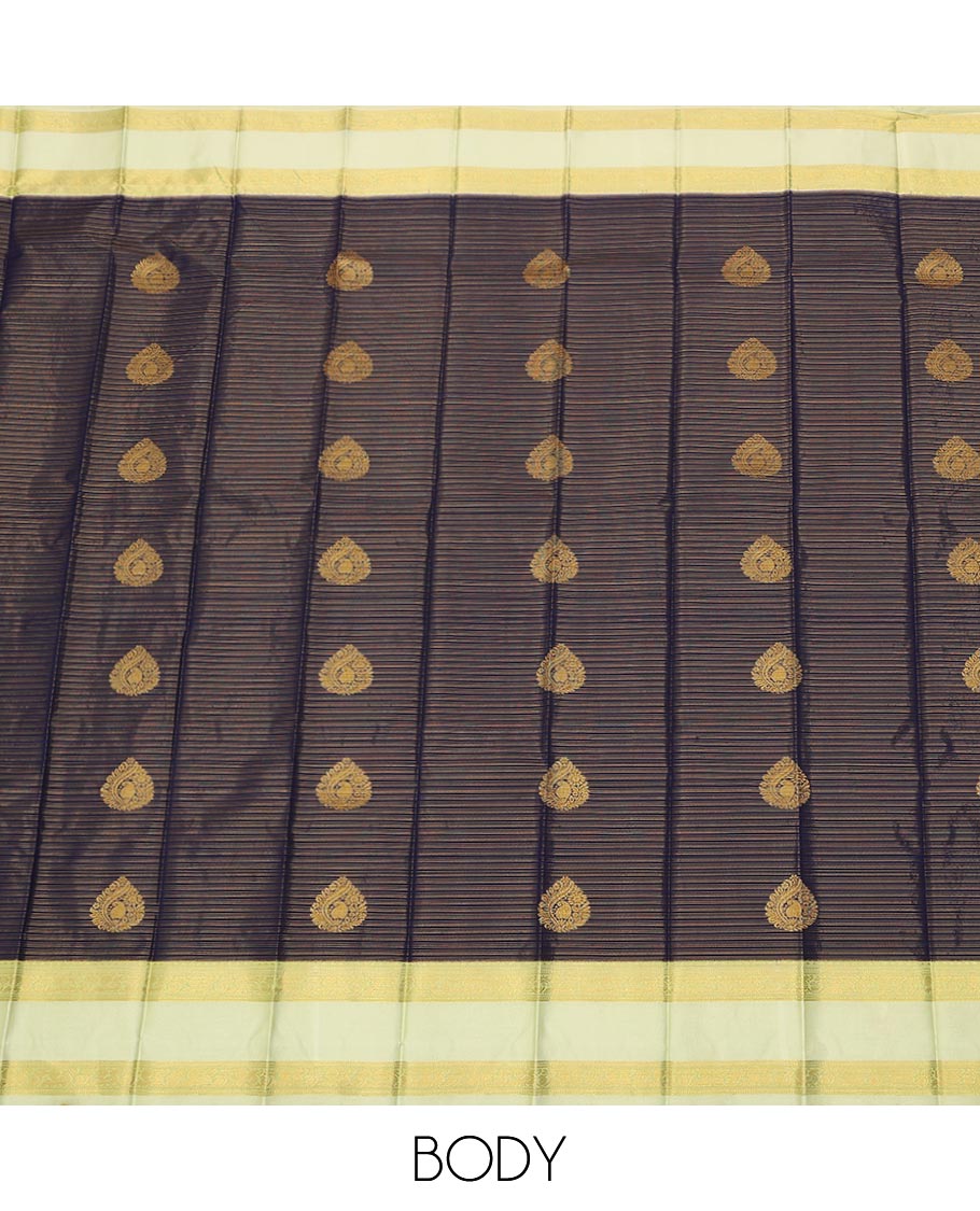 Blue zari buttas, and striped gift saree, contrast traditional zari design rettai pettu border, and intricate pallu