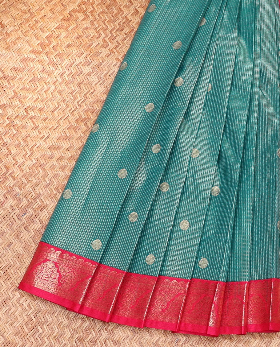 Blue Budget Silk Saree, Showcasing Zari Buttas and Micro-Checks, Complemented by a Contrast Traditional Border, Geometric Patterned Pallu, and a Contrast Blouse