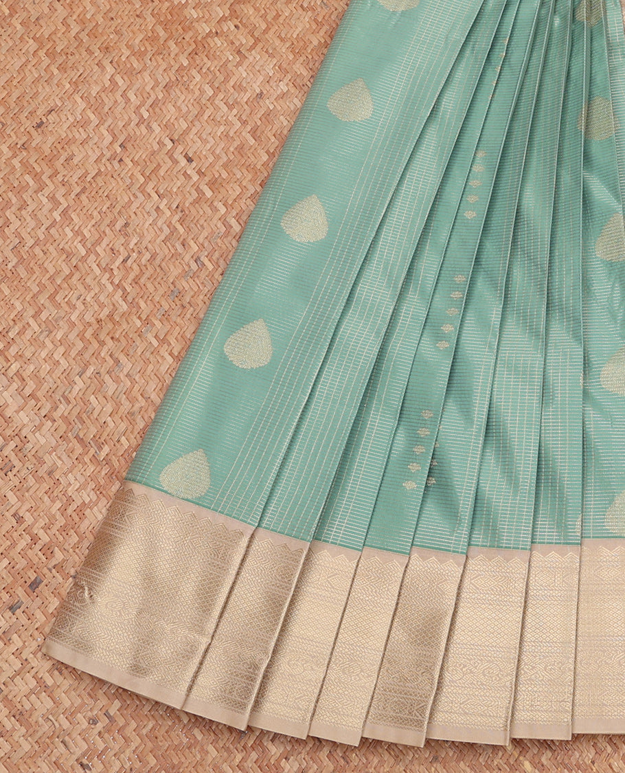 Pale Blue Budget Silk Saree, Subtly Sparkled with Zari Buttas and Stripes, Complemented by Contrast Traditional Zari Border, Jaal Pallu, and a Contrast Blouse