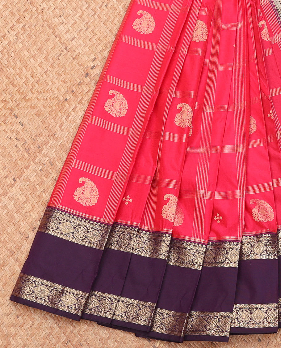 Pink Budget Silk Saree, Detailed with Zari Butta Enclosed Checks, Complemented by a Contrast Traditional Zari Rettai Pettu Border, Grand Pallu, and a Contrast Blouse