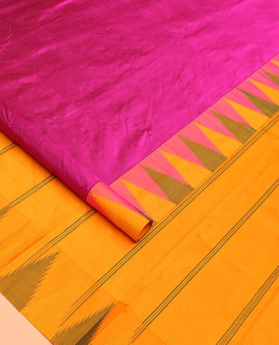 Pink plain Bangalore silk saree, contrast temple border, and pallu of stripes