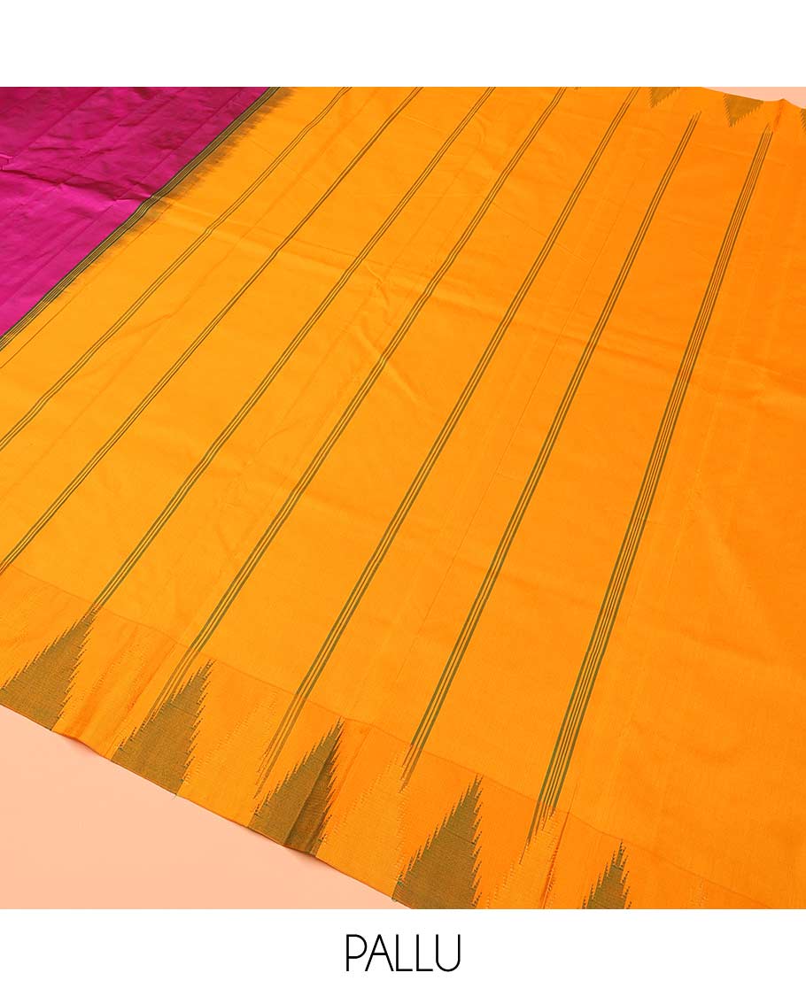Pink plain Bangalore silk saree, contrast temple border, and pallu of stripes