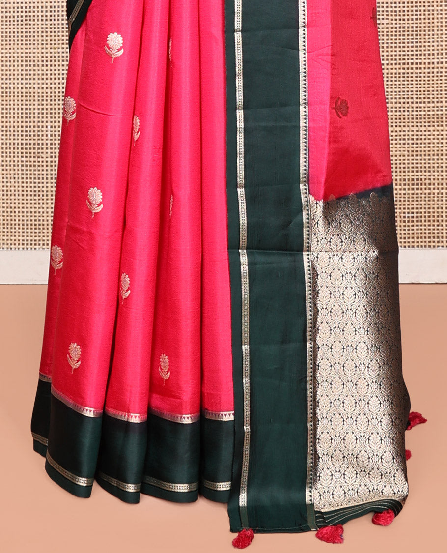 Pink Satin Silk Saree, Bedecked with Floral Buttas, Complemented by a Contrast Border, Intricately Designed Pallu, and a Contrast Blouse