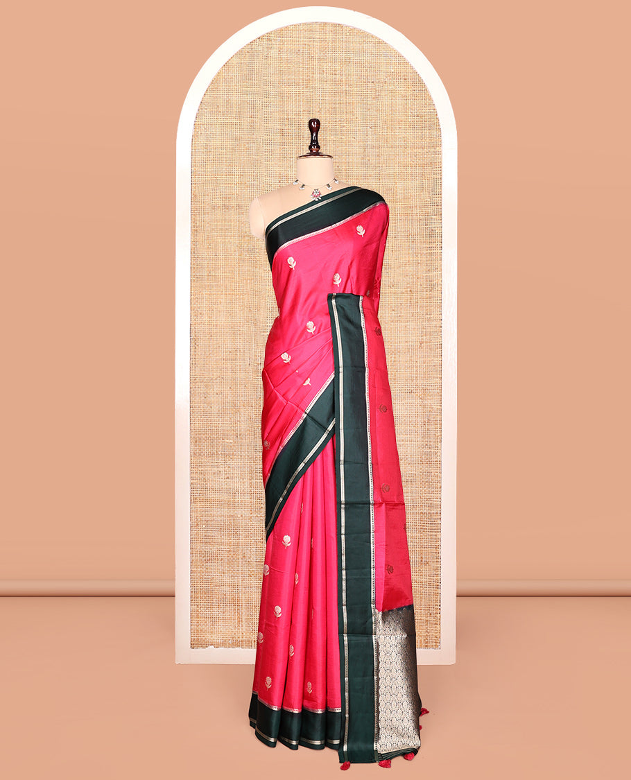 Pink Satin Silk Saree, Bedecked with Floral Buttas, Complemented by a Contrast Border, Intricately Designed Pallu, and a Contrast Blouse