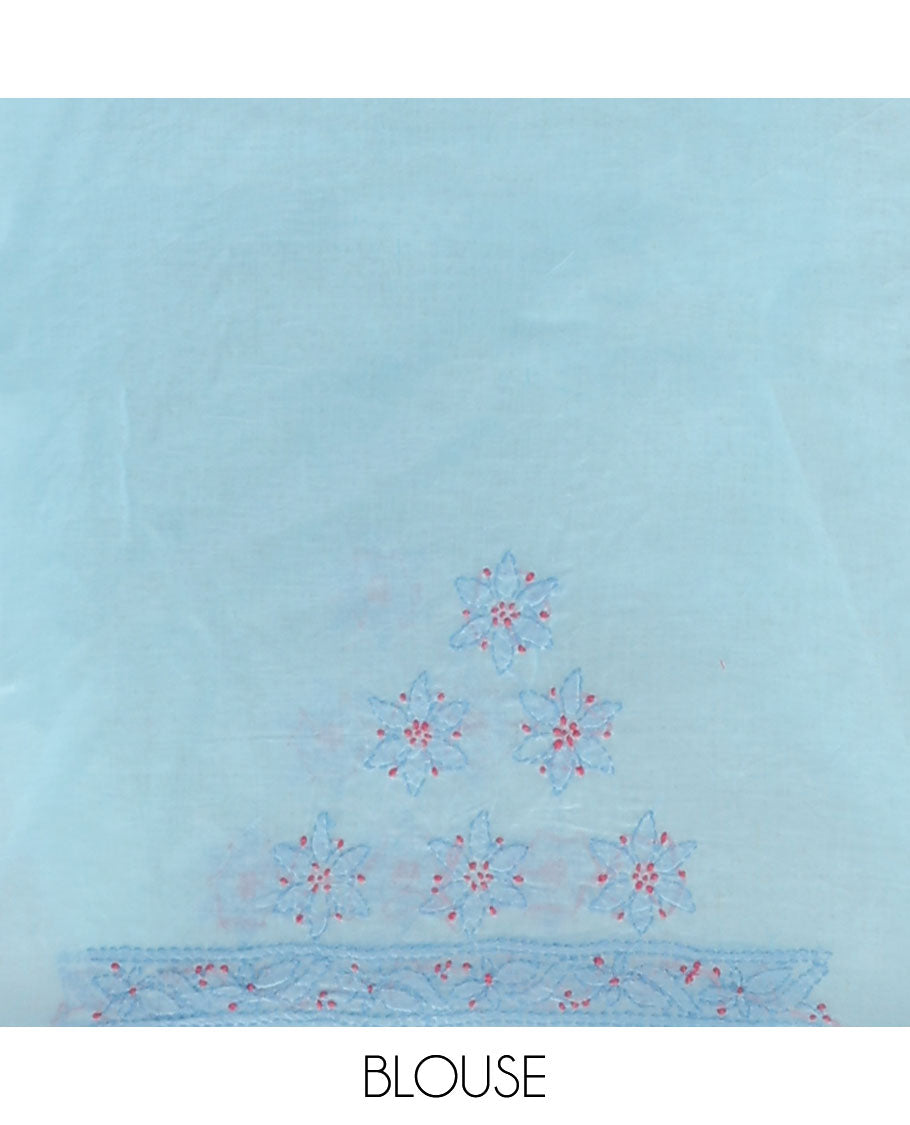 Light blue floral thread embroidery chikankari cotton saree with self embroidery border