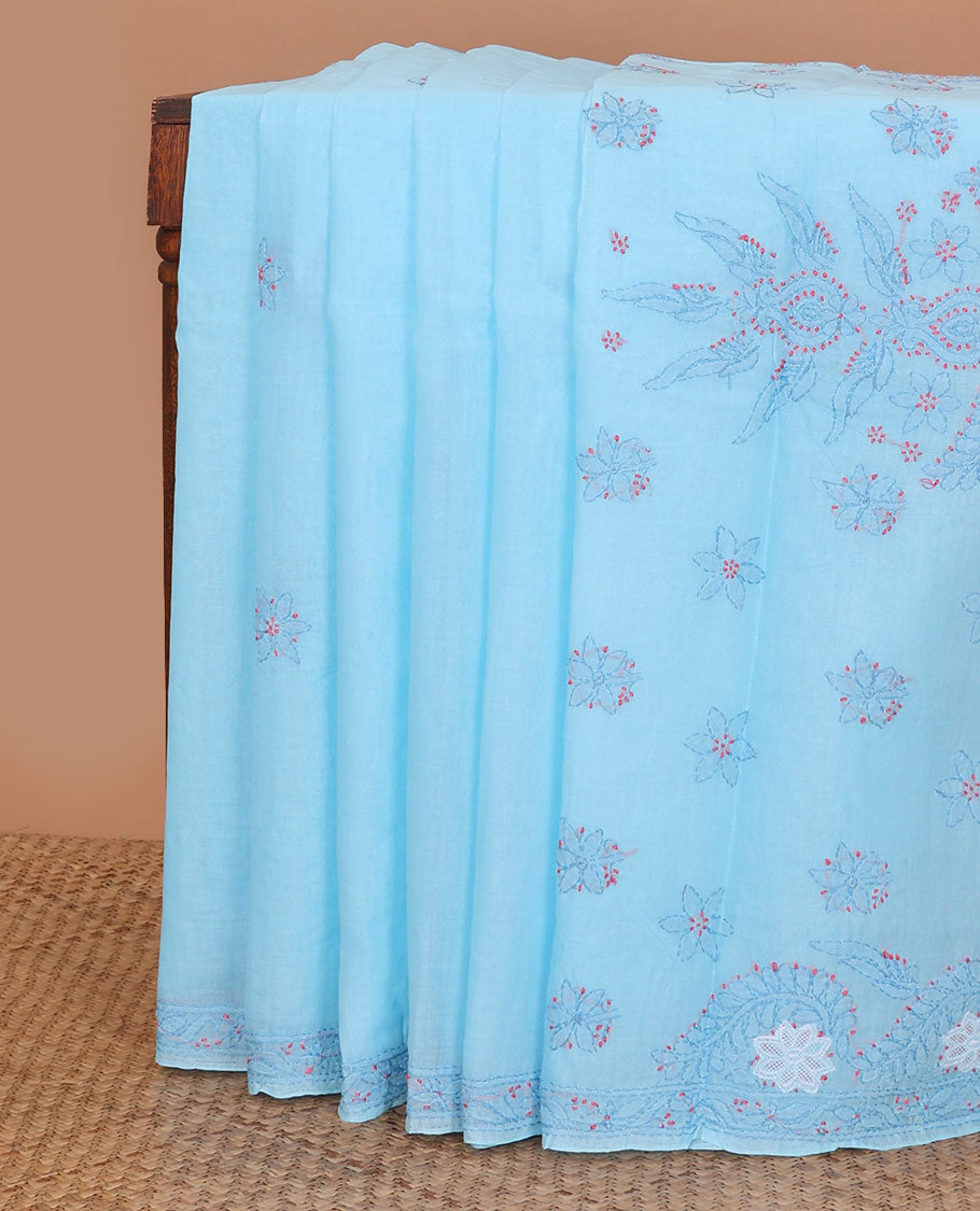 Light blue floral thread embroidery chikankari cotton saree with self embroidery border