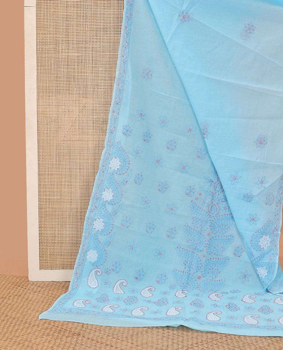Light blue floral thread embroidery chikankari cotton saree with self embroidery border