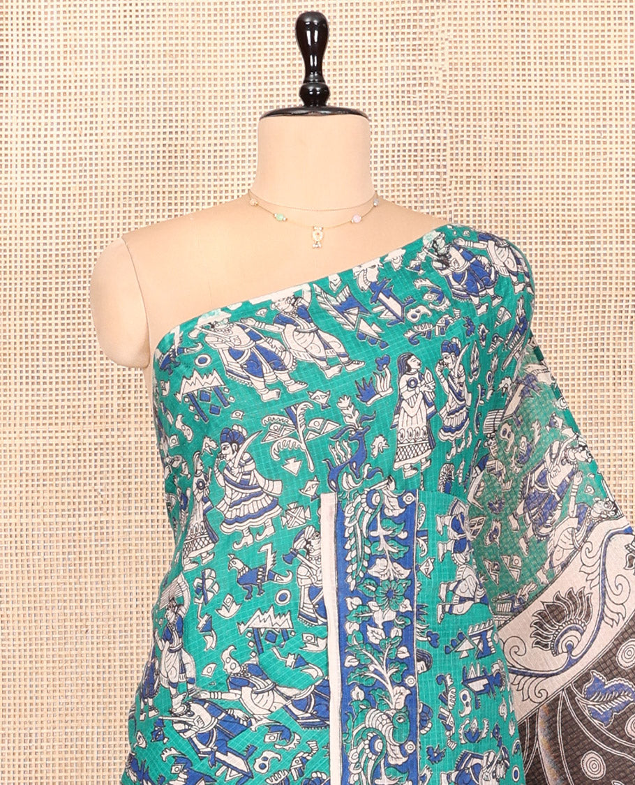 Borderless Turquoise Kalamkari Cotton Saree Features Human Motifs Print, Contrast Ancient Human Printed Kalamkari Pallu, and a Contrast Blouse