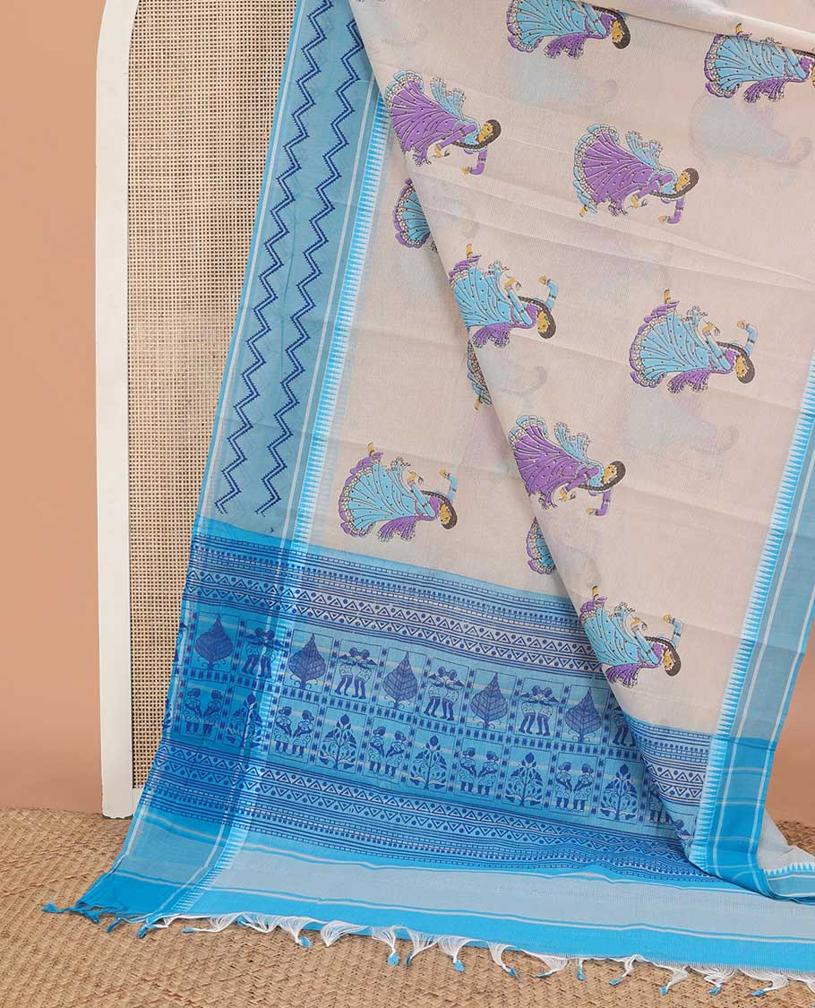 Beige human motifs printed striped chirala cotton saree, contrast blue temple border of chevron design & pallu of geometric & human motifs