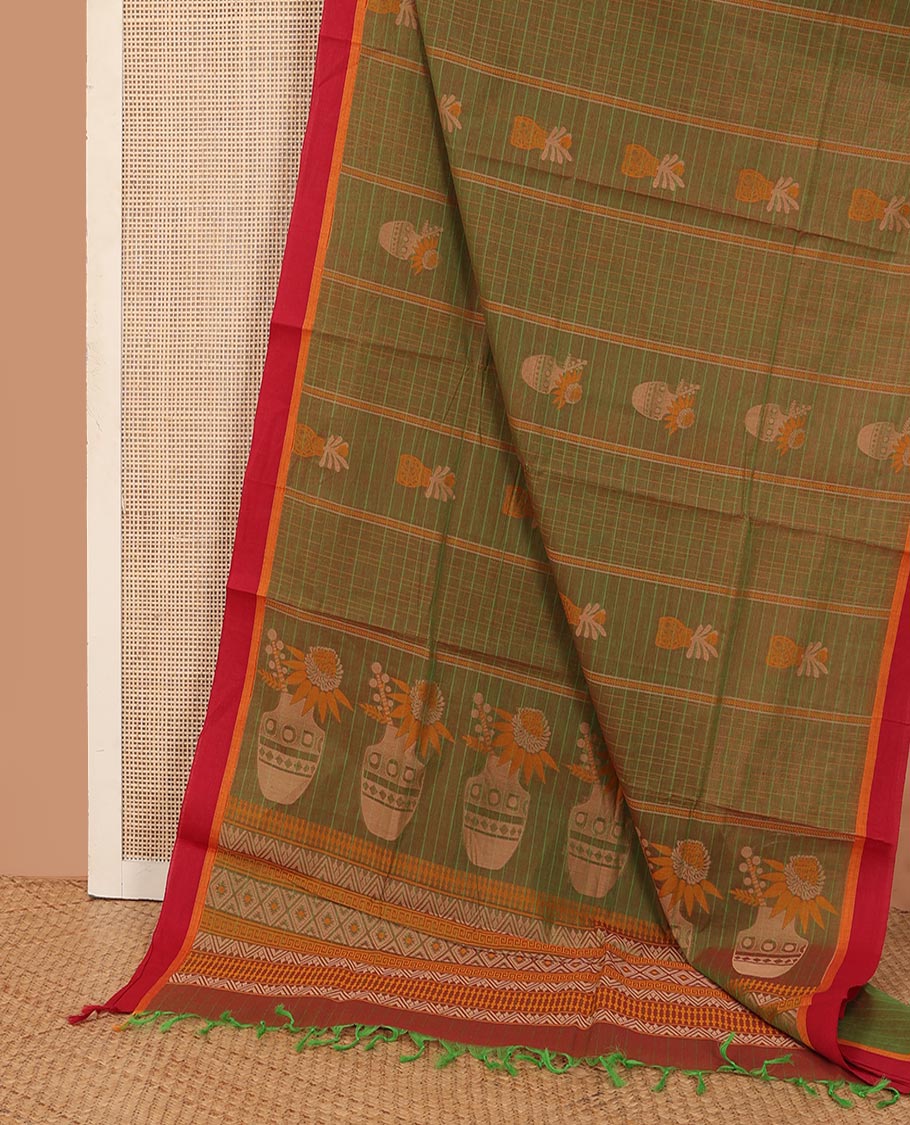 Green stripes, and floral pot motifs Kanchi cotton saree, contrast plain border, and pallu of floral motifs, and geometric patterns