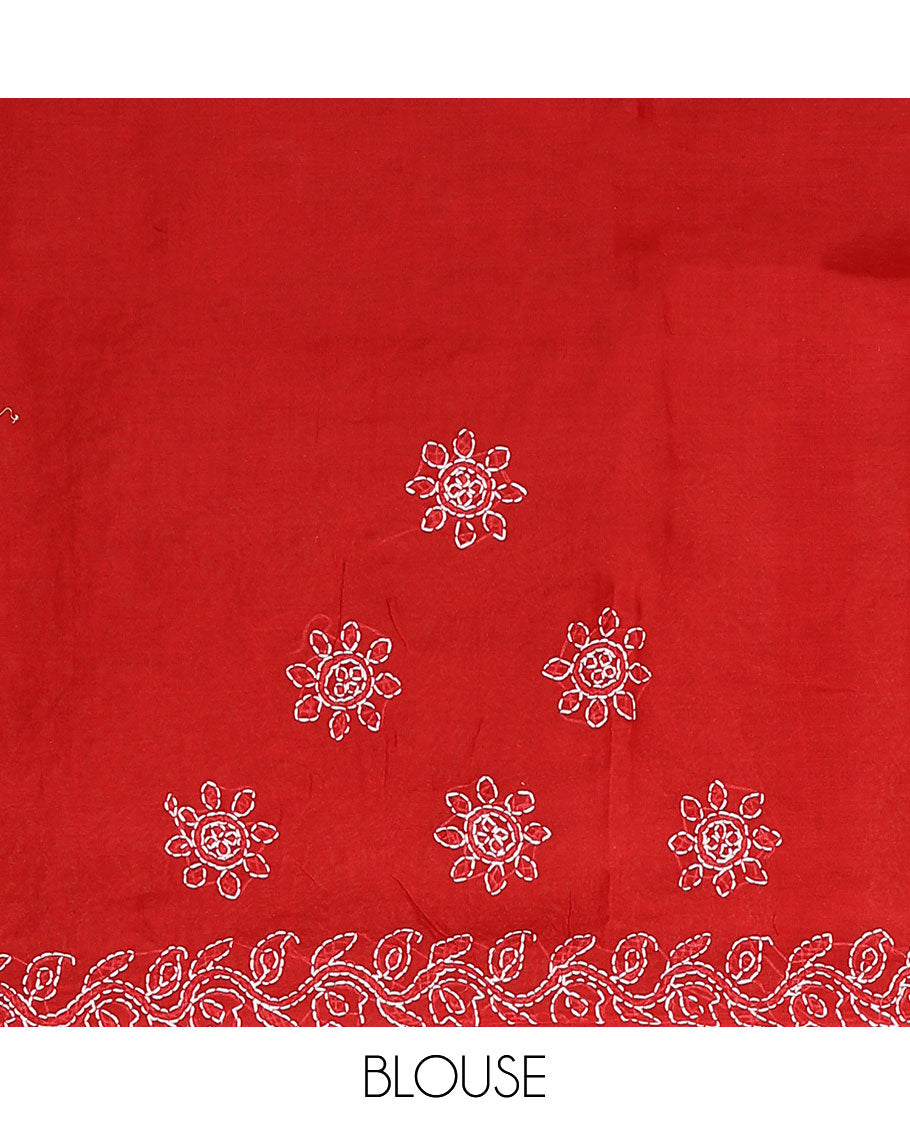 Red floral thread embroidered buttas Lucknowi chikankari saree, floral creeper thread embroidered border, and floral embroidered pallu