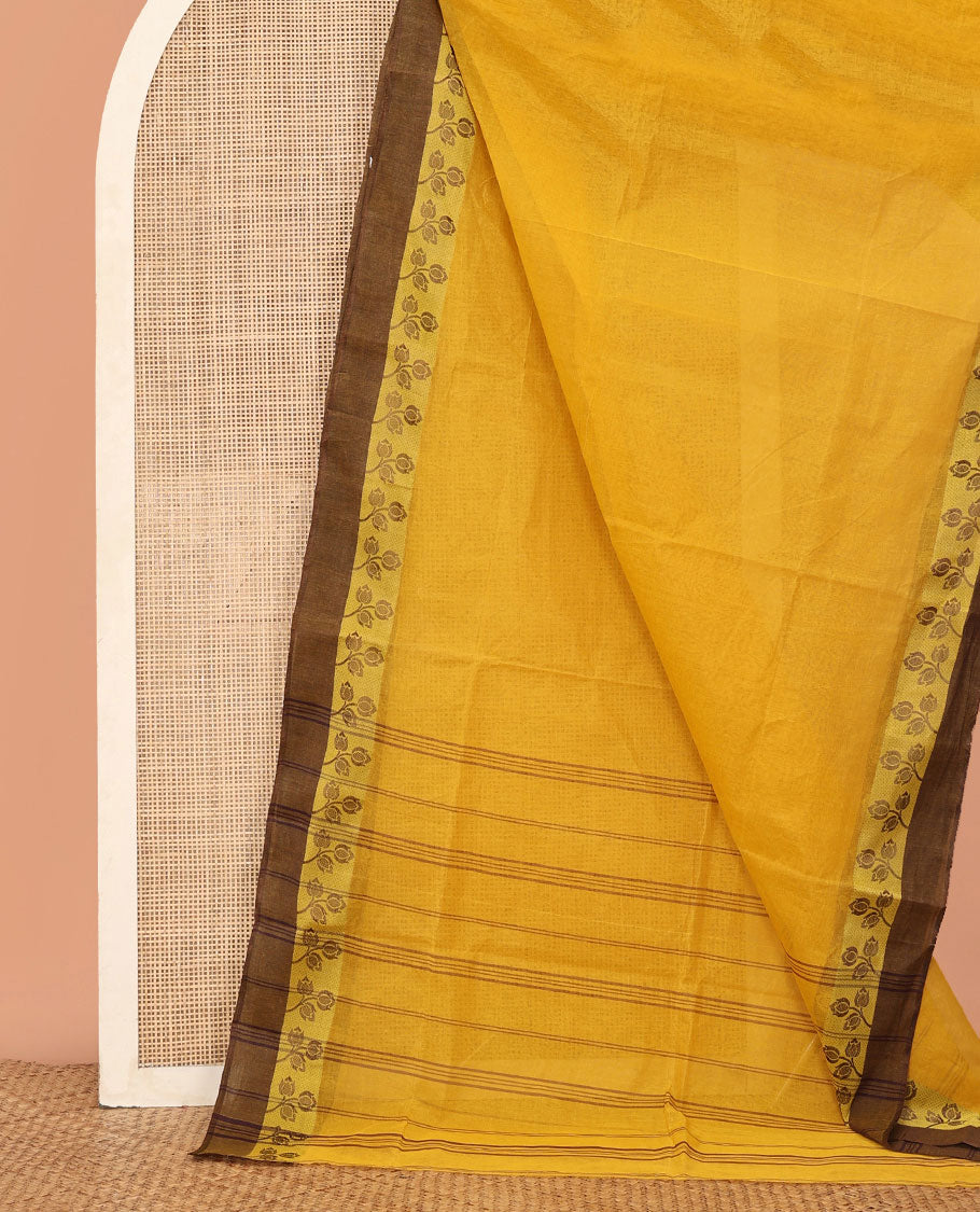 Yellow Plain Bengal Cotton Saree, Contrast Floral Border, Striped Pallu, and No Blouse