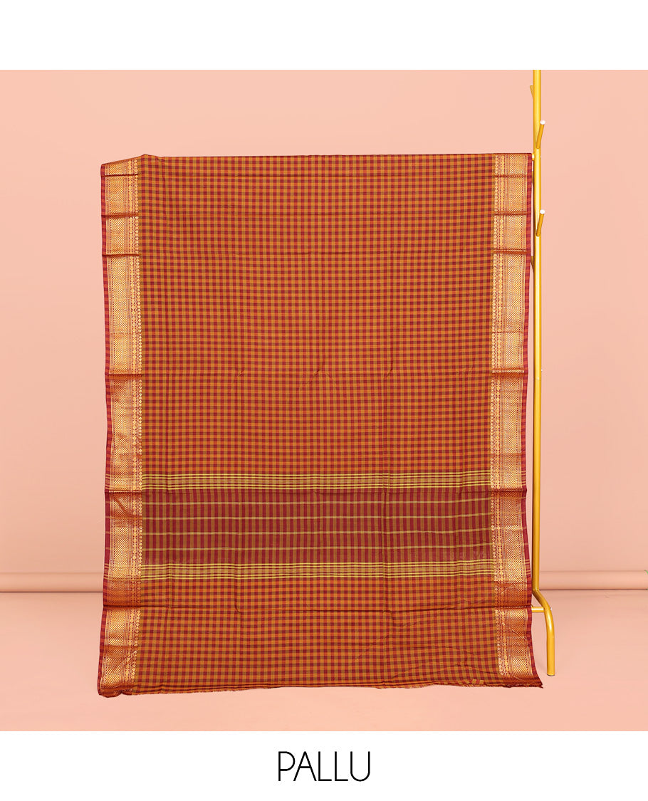 Orange-Red Chettinad Cotton Saree, Ornamented with Micro-Checks, Highlighted by Traditional Zari Border, Striped Pallu, and No Blouse