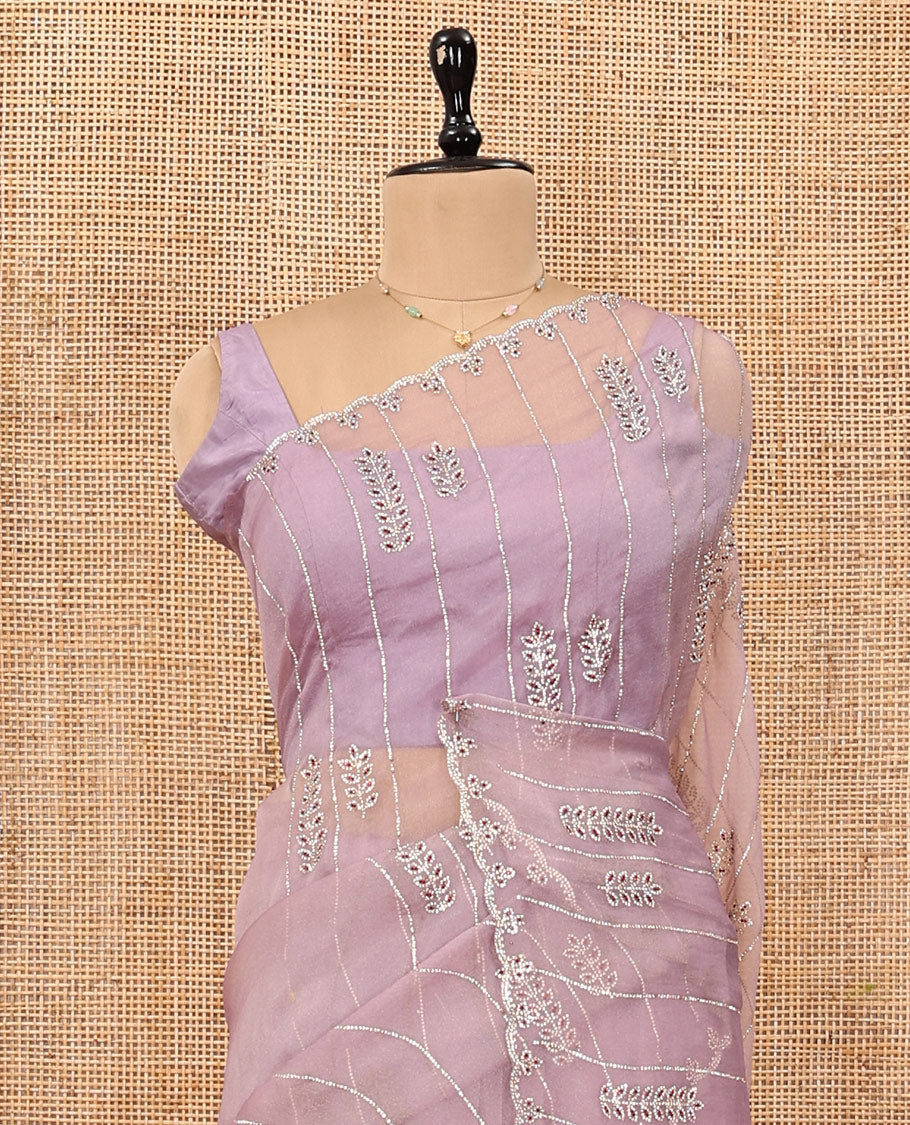 Lavender Swarovski and Meena Stonework Organza Designer Saree with Scallop Border, Matching Blouse