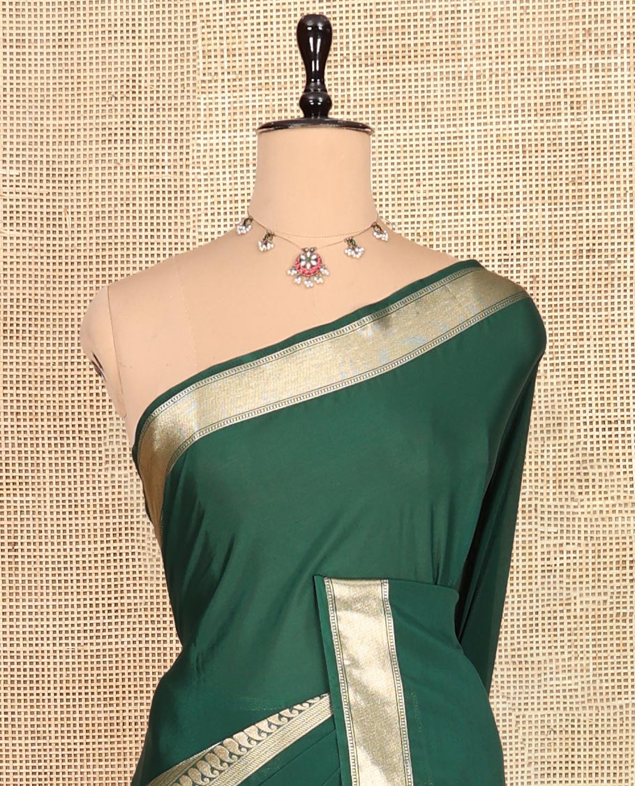 Bottle Green Traditional Zari Woven Mysore Silk Saree, a Zari Border, Striped Pallu, and a Matching Blouse