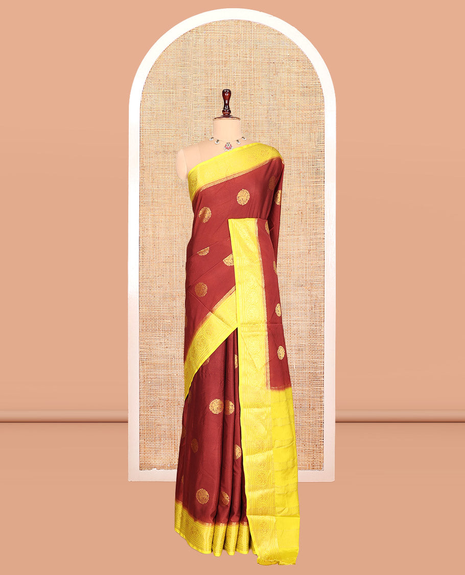 Coffee Brown Elephant Buttas Fancy Mysore Silk Saree, Contrast Elephant Border, Contrast Blouse