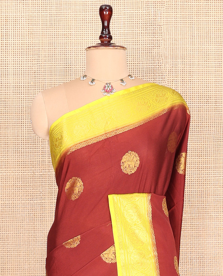 Coffee Brown Elephant Buttas Fancy Mysore Silk Saree, Contrast Elephant Border, Contrast Blouse