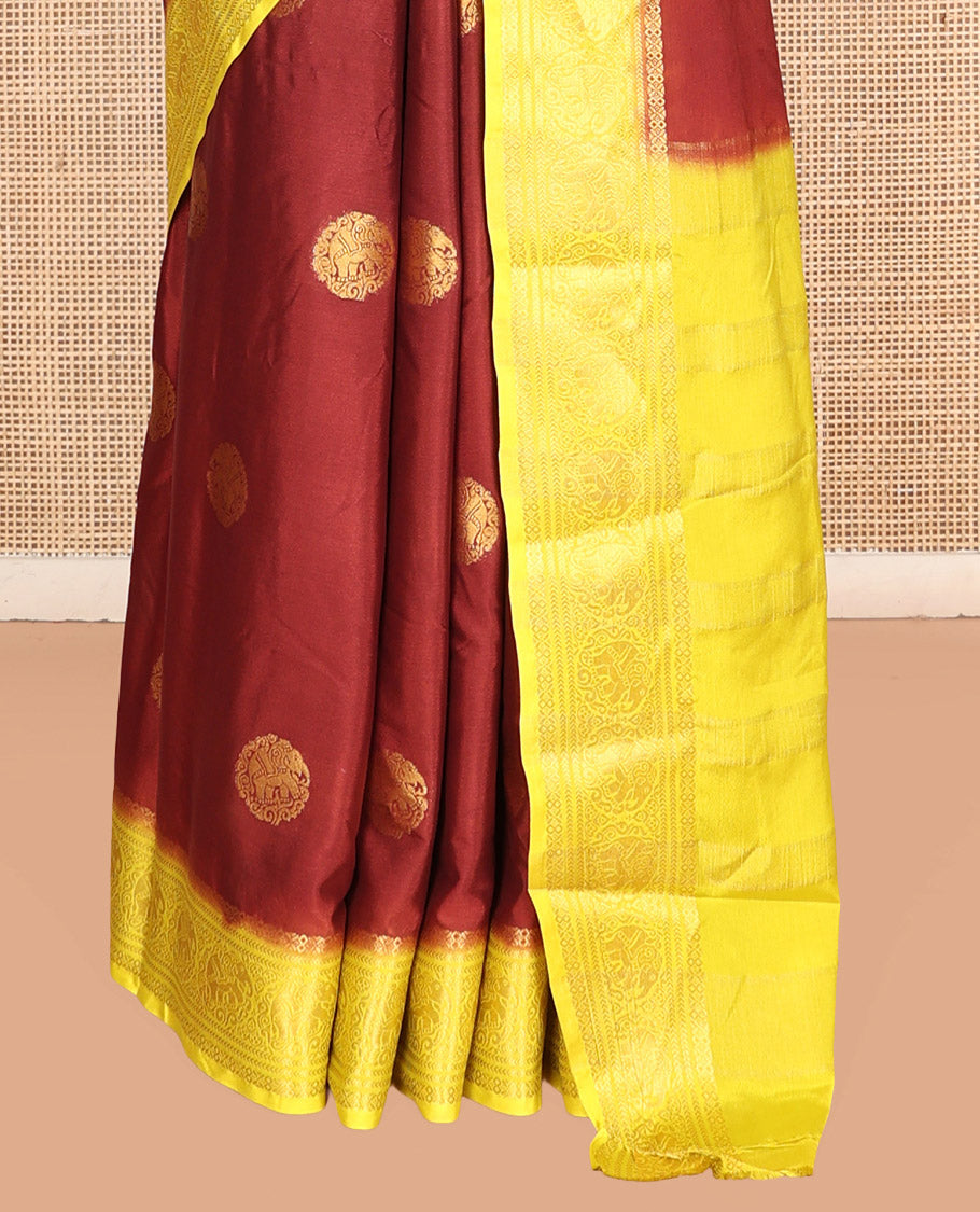 Coffee Brown Elephant Buttas Fancy Mysore Silk Saree, Contrast Elephant Border, Contrast Blouse