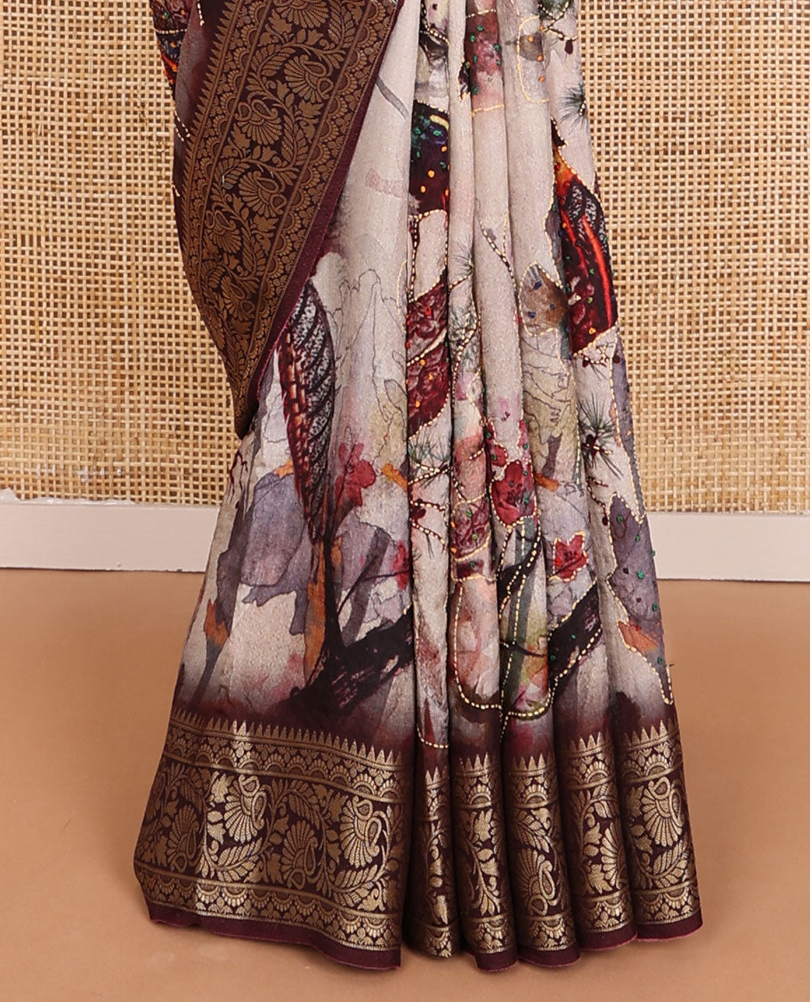 Pale pink nature-theme printed with French knot embroidered dola silk saree, contrast floral zari design border & French knot thread embroidered pallu