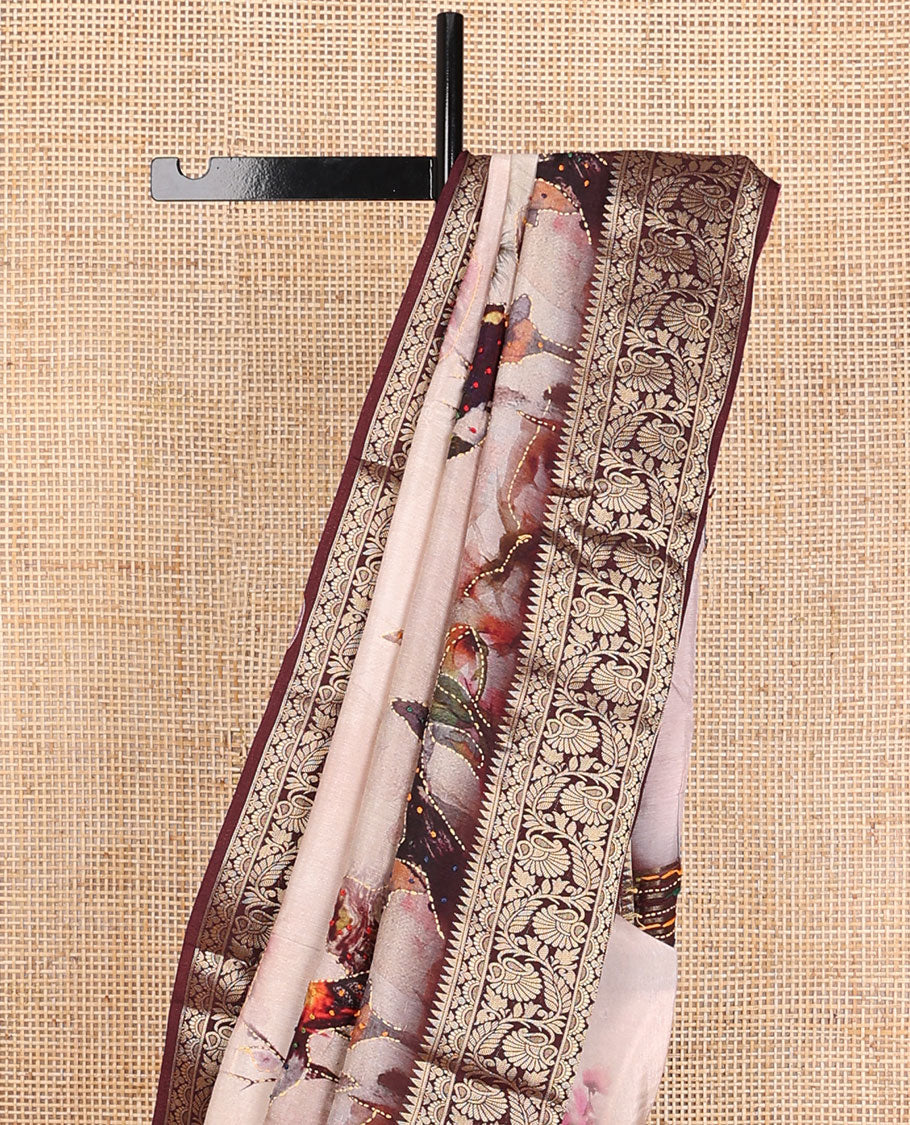 Pale pink nature-theme printed with French knot embroidered dola silk saree, contrast floral zari design border & French knot thread embroidered pallu