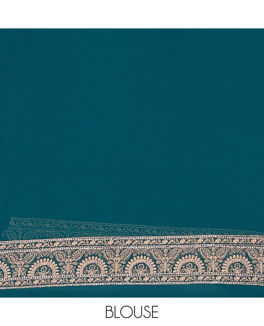 Teal blue floral and paisley vine embroidered designer saree, scallop paisley thread embroidered border