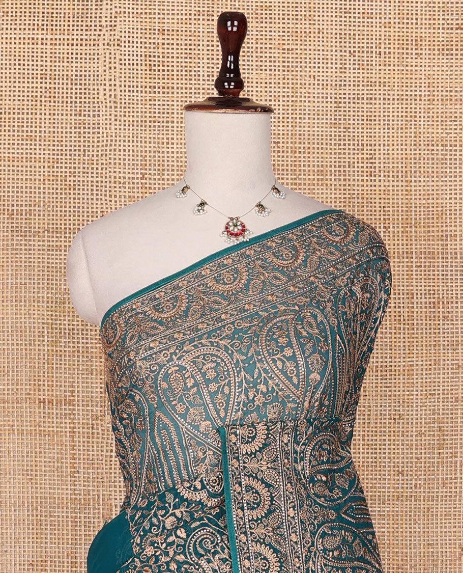 Teal blue floral and paisley vine embroidered designer saree, scallop paisley thread embroidered border