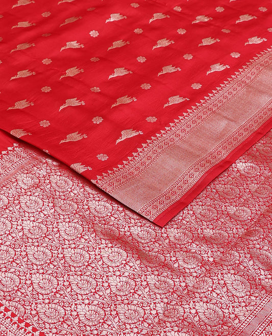 Red bird & floral zari buttas raw mango silk saree, zari border of traditional designs & intricately designed pallu