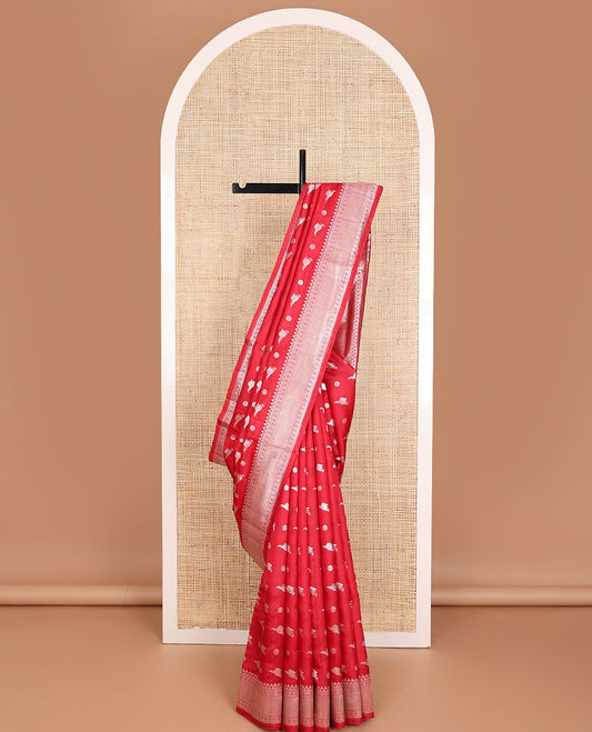 Red bird & floral zari buttas raw mango silk saree, zari border of traditional designs & intricately designed pallu