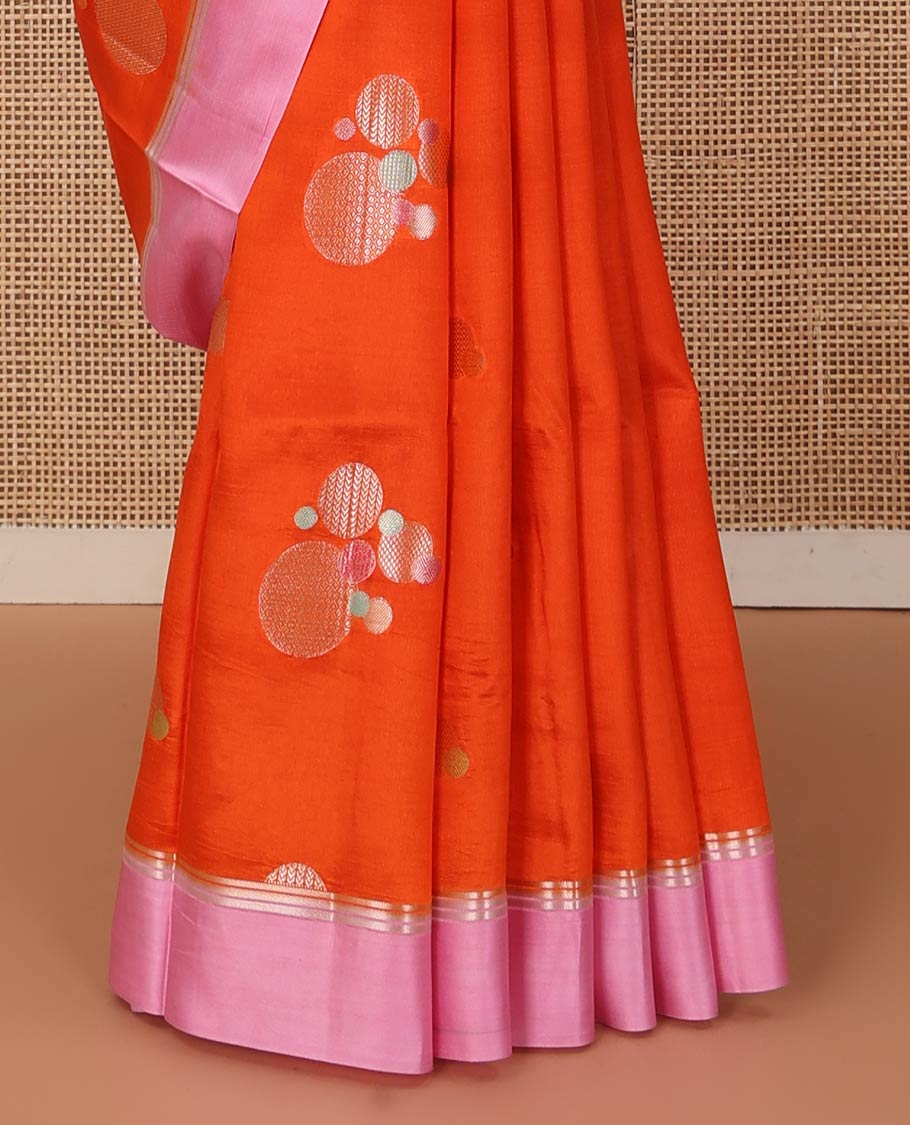 Orange circle buttas zari woven raw mango silk saree, contrast zari striped border, and diagonal meenakari design
