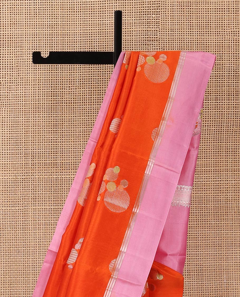 Orange circle buttas zari woven raw mango silk saree, contrast zari striped border, and diagonal meenakari design