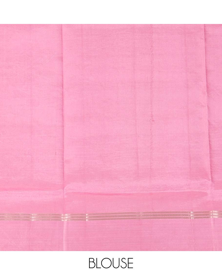 Orange circle buttas zari woven raw mango silk saree, contrast zari striped border, and diagonal meenakari design