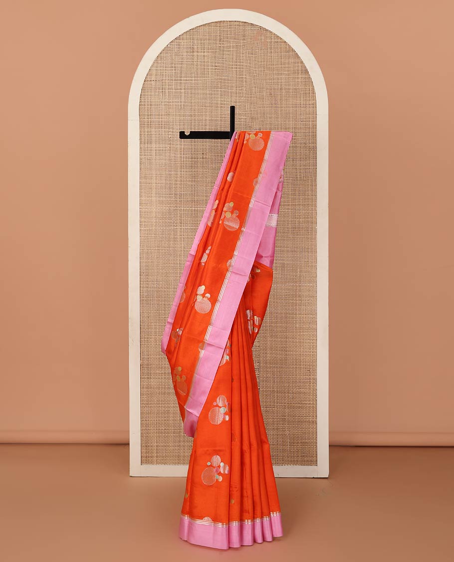 Orange circle buttas zari woven raw mango silk saree, contrast zari striped border, and diagonal meenakari design