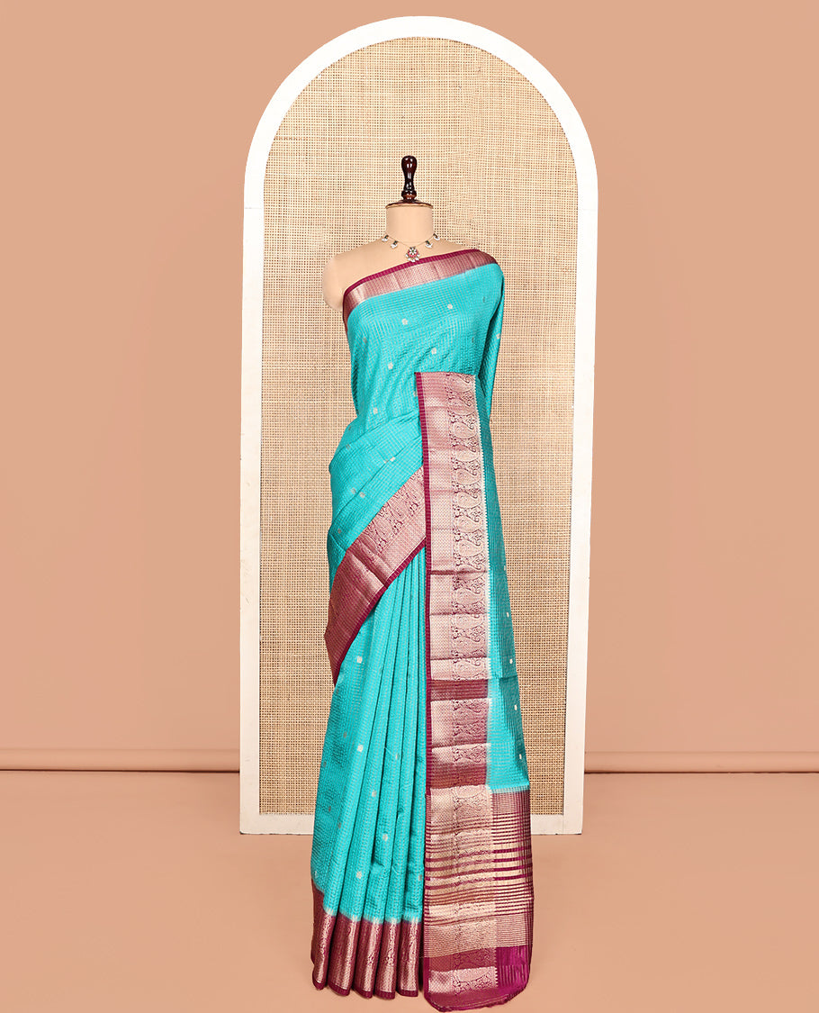 Blue Semi-Banarasi Dupion Saree, Detailed with Zari Butta and Checks, a Contrast Paisley Zari Design Border, Striped Pallu, and a Contrast Blouse