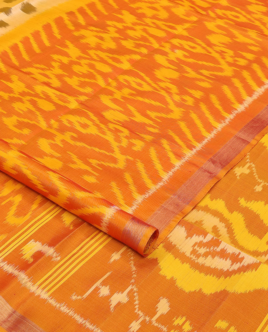 Orange intricately ikkat design woven pure ikkat saree, zari border & pallu of ikkat designs