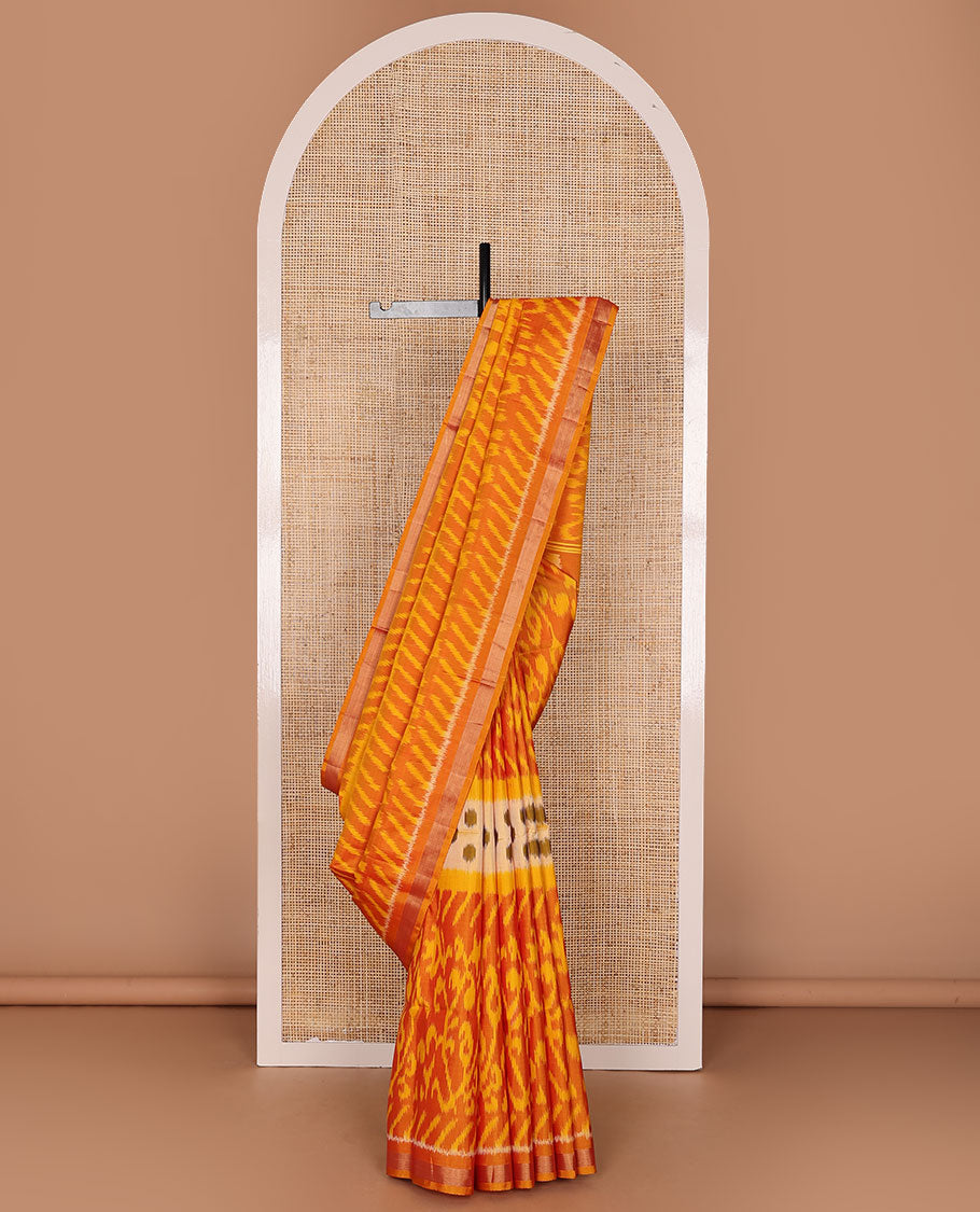 Orange intricately ikkat design woven pure ikkat saree, zari border & pallu of ikkat designs