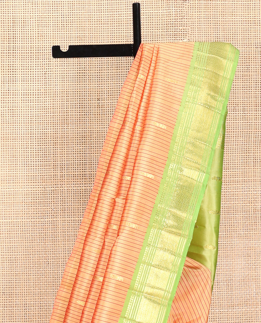 Orange Kanchipuram Silk Saree, Sparsely Threaded with Zari Buttas and Stripes, Contrast Border of Paneer Sombu, Banaras, Muthu, and Jaal, Zari Design Pallu, and No Blouse