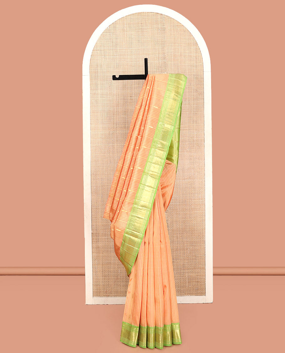 Orange Kanchipuram Silk Saree, Sparsely Threaded with Zari Buttas and Stripes, Contrast Border of Paneer Sombu, Banaras, Muthu, and Jaal, Zari Design Pallu, and No Blouse