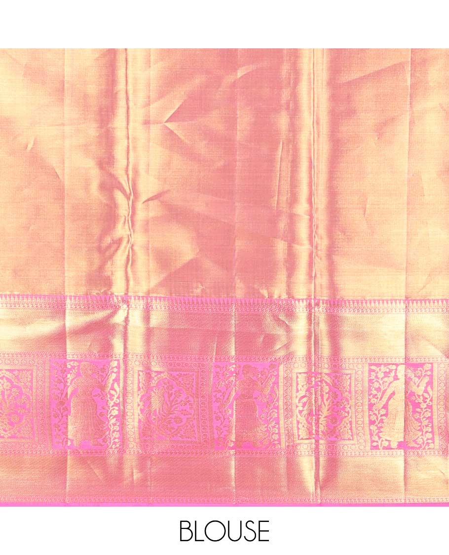 Light blue floral jacquard kancheepuram silk saree with contrast border of rekku, muthu, banaras design & argyle design pallu