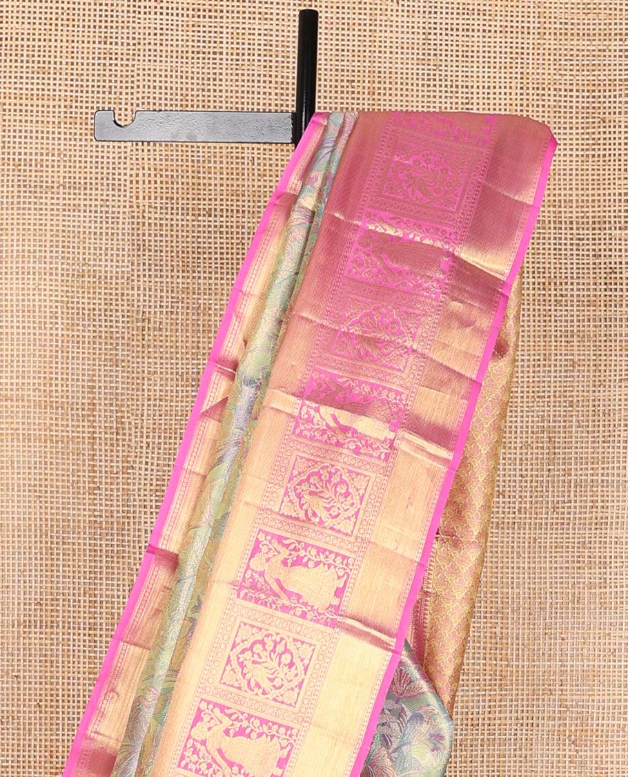 Light blue floral jacquard kancheepuram silk saree with contrast border of rekku, muthu, banaras design & argyle design pallu
