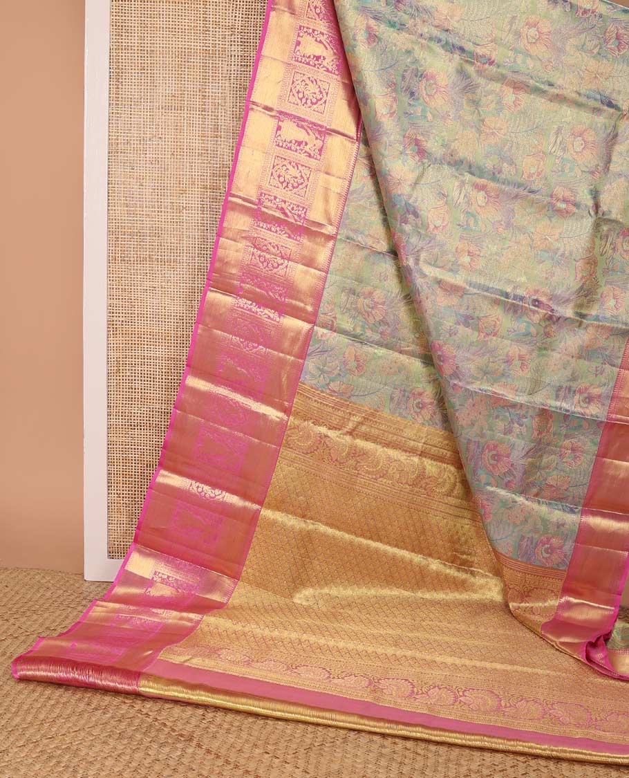 Light blue floral jacquard kancheepuram silk saree with contrast border of rekku, muthu, banaras design & argyle design pallu