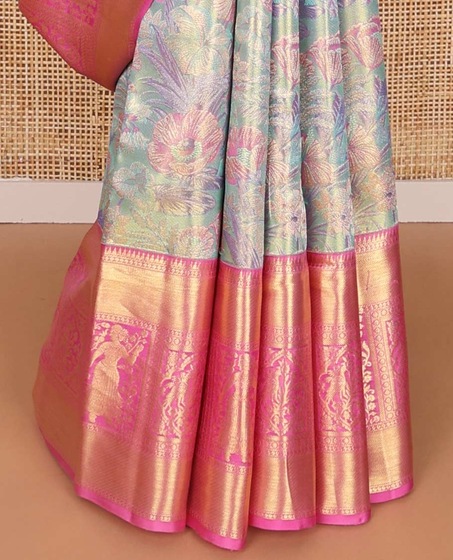 Light blue floral jacquard kancheepuram silk saree with contrast border of rekku, muthu, banaras design & argyle design pallu