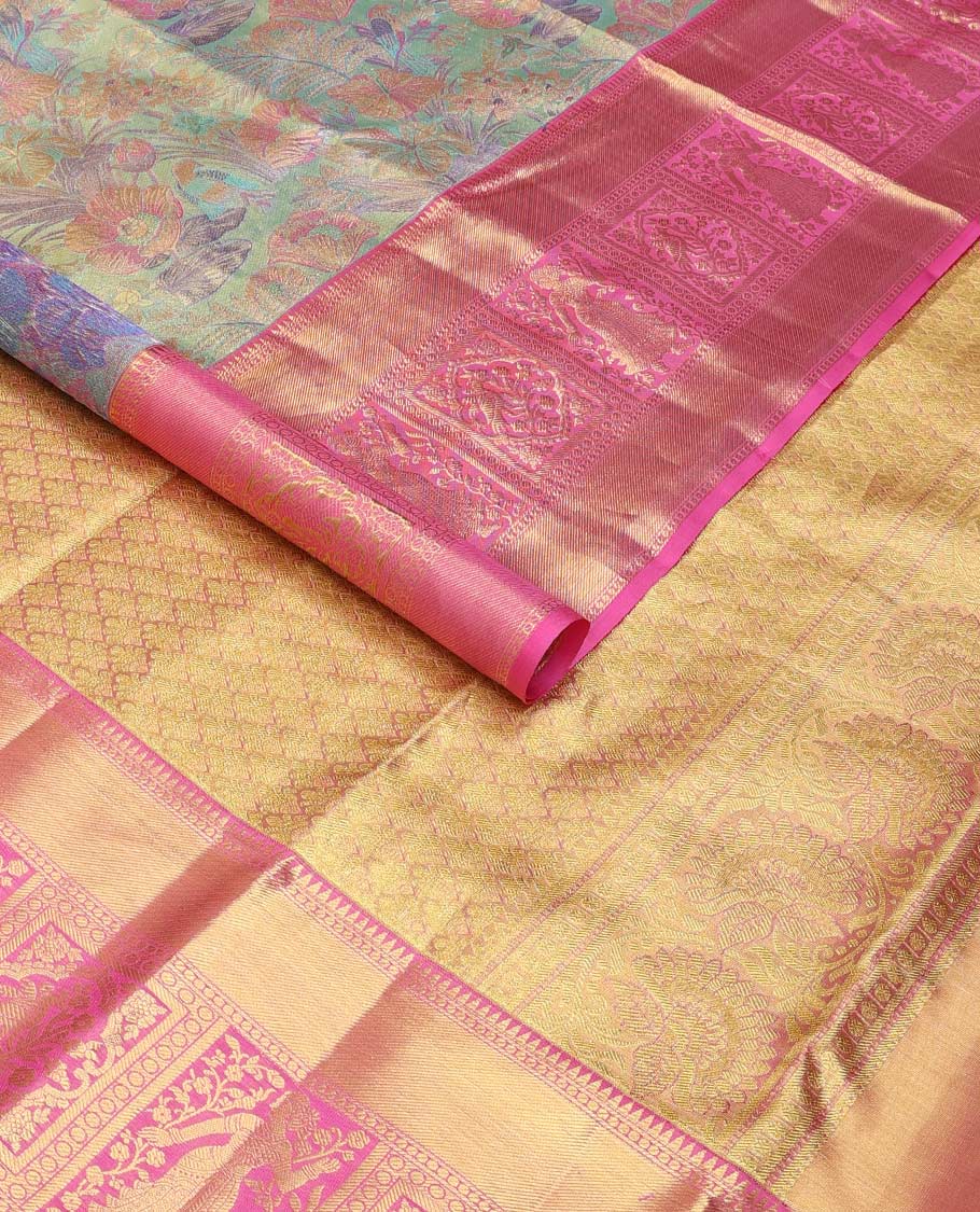 Light blue floral jacquard kancheepuram silk saree with contrast border of rekku, muthu, banaras design & argyle design pallu